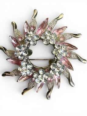 Vintage Gold Pink Rhinestone Floral Wreath Brooch Pendant Women Gift